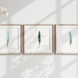 Feather Watercolor Painting Print Set, Black, Blue, & Green - thumbnail 2