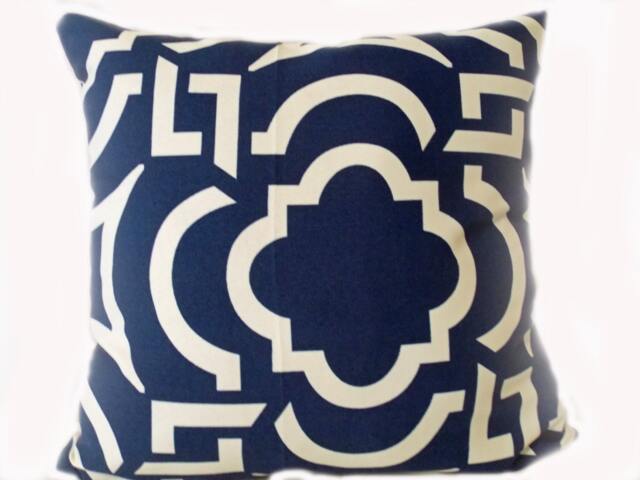 Outdoor Pillows Or Indoor Custom Covers - Shades Of Navy Blue Ivory Ikat, Modern Patio Throw Accent - image 1