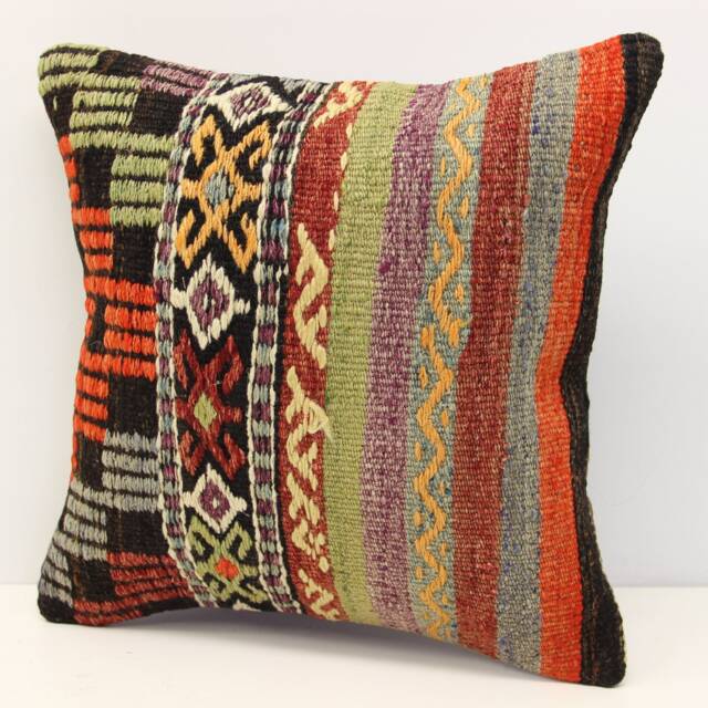 Vintage Kilim Pillow Cover - 16x16 Inch Turkish Wool Boho Cushion - image 1