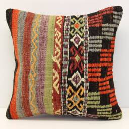 Vintage Kilim Pillow Cover - 16x16 Inch Turkish Wool Boho Cushion - thumbnail 3