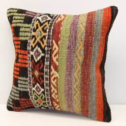 Vintage Kilim Pillow Cover - 16x16 Inch Turkish Wool Boho Cushion - thumbnail 1