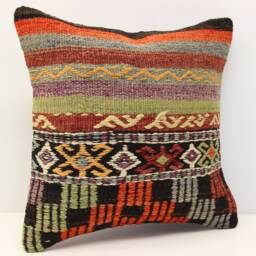 Vintage Kilim Pillow Cover - 16x16 Inch Turkish Wool Boho Cushion - thumbnail 2