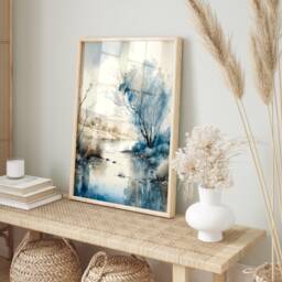 Blue Landscape Watercolor Print Boho Nature Painting - thumbnail 3