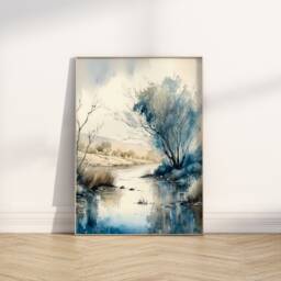 Blue Landscape Watercolor Print Boho Nature Painting - thumbnail 2