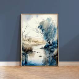 Blue Landscape Watercolor Print Boho Nature Painting - thumbnail 1