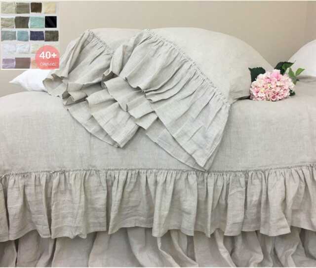 Shabby Chic Linen Duvet Cover With Country Mermaid Long Ruffles, Shabby Chic Bedding, 41+ Colors & Patterns To Choose - image 1