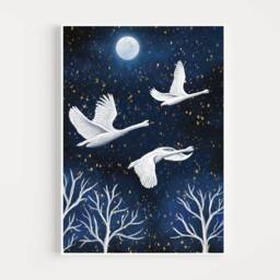 A3 Large Original Art Print - Spiritual Spirit Guide Art Flying Swans Blue Fantasy Poster Enchanted Moon - thumbnail 2