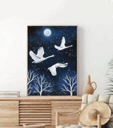 A3 Large Original Art Print - Spiritual Spirit Guide Art Flying Swans Blue Fantasy Poster Enchanted Moon - thumbnail 1