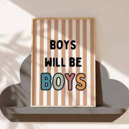 Boys Will Be Wall Art - Kids Bedroom Boy Poster Positive Quote Playroom Nursery Print Retro Stripe Neutral Cool Kid Fun - thumbnail 3