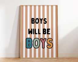 Boys Will Be Wall Art - Kids Bedroom Boy Poster Positive Quote Playroom Nursery Print Retro Stripe Neutral Cool Kid Fun - thumbnail 1