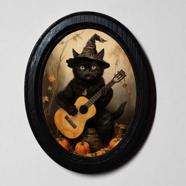 Halloween Black Oval Wooden Framed Picture, 3 X 4 Gothic Print, Witchy Wall Hanging, Cat Musician - image 1