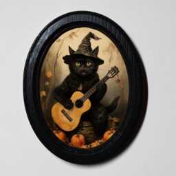 Halloween Black Oval Wooden Framed Picture, 3 X 4 Gothic Print, Witchy Wall Hanging, Cat Musician - thumbnail 1