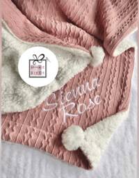 Personalised Baby Newborn Nursery Cable Knitted Childrens Blanket Hospital Wrap-Name Embroidered Pom Pom/Sherpa Italic Name Date Shower Gift