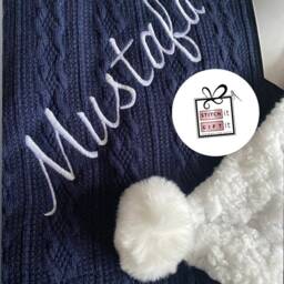 Personalised Baby Newborn Nursery Cable Knitted Childrens Blanket Hospital Wrap-Name Embroidered Pom Pom/Sherpa Italic Name Date Shower Gift - thumbnail 3
