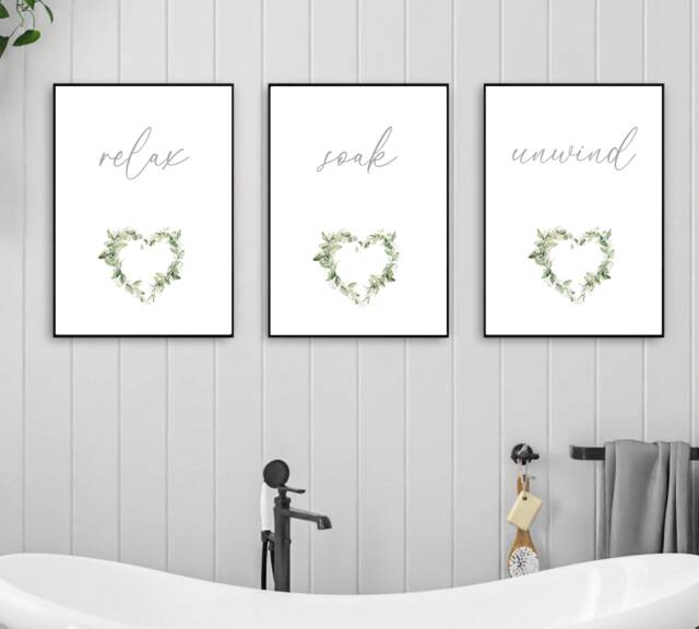 Set Of 3 Bathroom Prints, Relax Soak Unwind, Grey Quote Green Leaf Posters - image 1