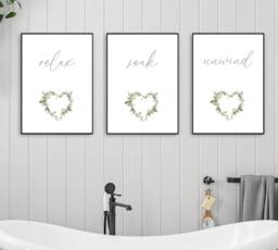 Set Of 3 Bathroom Prints, Relax Soak Unwind, Grey Quote Green Leaf Posters - thumbnail 1