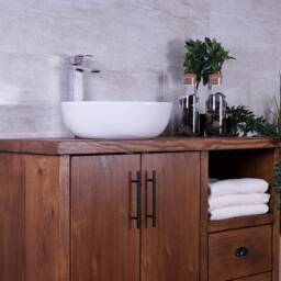 Handmade Pine Bathroom Vanity Cabinet - Rustic Farmhouse Wash Stand Walnut Finish - thumbnail 4