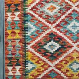 Handmade Afghan Kilim Rug, Geometric Tribal Design, Multicolour Artisan Persian Turkish Flatweave, Natural Wool, 148x101 cm - thumbnail 4
