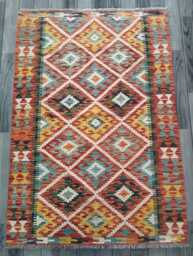 Handmade Afghan Kilim Rug, Geometric Tribal Design, Multicolour Artisan Persian Turkish Flatweave, Natural Wool, 148x101 cm - thumbnail 1