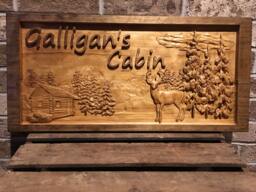 Personalized Carved Pine Cabin Sign Mountains, Deer, Log Decor - 23x11 Inches - thumbnail 1