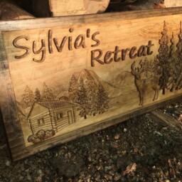 Personalized Carved Pine Cabin Sign Mountains, Deer, Log Decor - 23x11 Inches - thumbnail 3