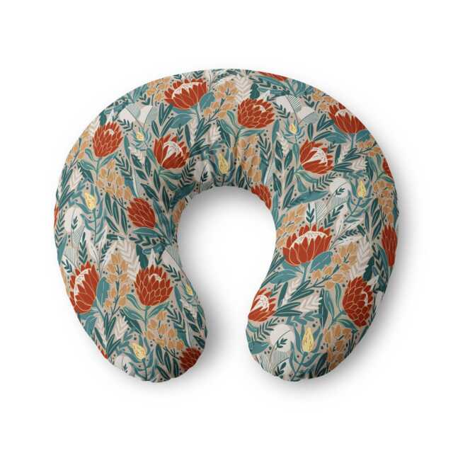 Protea Wildflower Floral Nursing Pillow Cover - Rust Teal Botanical Print - image 1