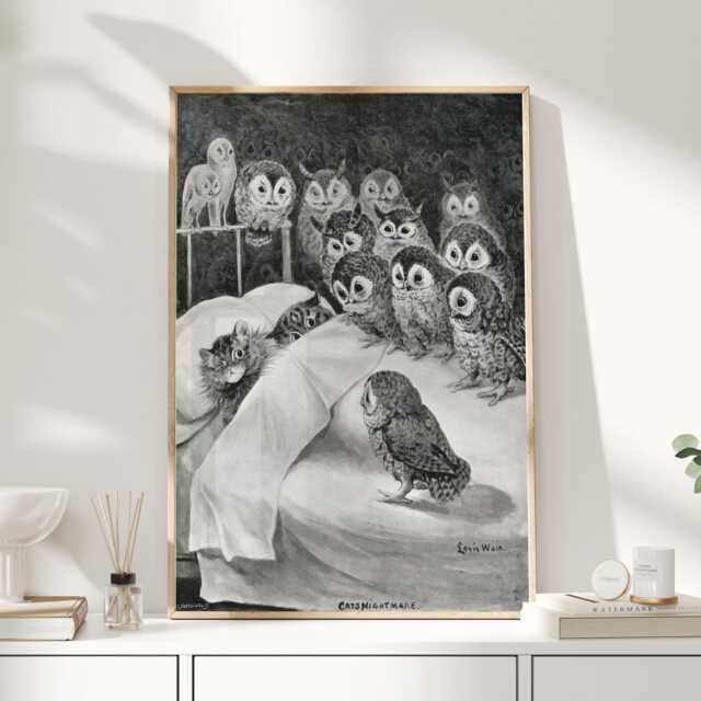 Cat's Nightmare By Louis Wain 1890, Vintage Giclee Art Print, Wall Kitty Cat Poster With Owls, Decor - image 1