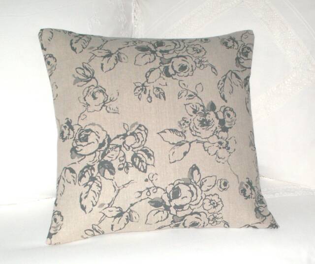 Charcoal Cabbage Roses Cushion Cover, UK Designer Linen, Cottage Chic Floral, Reversible Pillow Cover - image 1