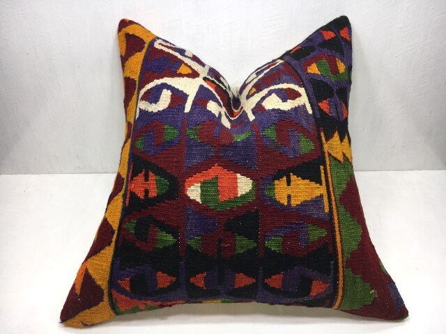 Vintage Turkish Kilim Pillow Cover, Handwoven Accent Cushion - 24x24 - image 1