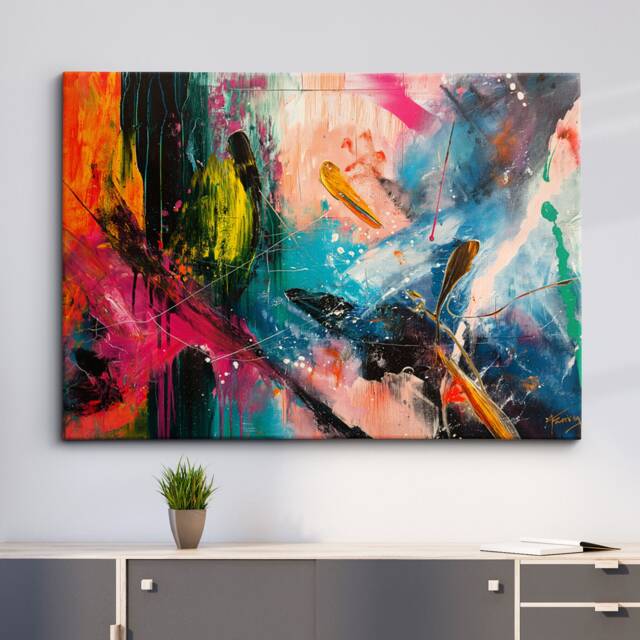 Paint Brush Splat Contemporary Abstract Oil Painting Strokes Style Wall Art Framed Canvas Poster Print Home Kitchen Living Room Decor Gift - image 1