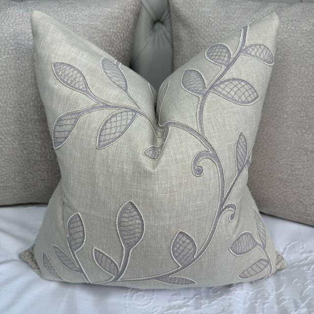 Decorative Cushion Cover - Embroidered Designer Fabric Richmond Clarke & -Lilac Natural Colours Double Sided Worldwide Shipping - image 1