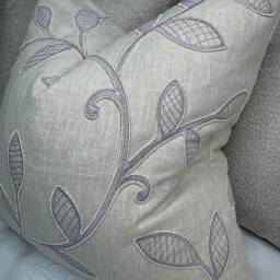 Decorative Cushion Cover - Embroidered Designer Fabric Richmond Clarke & -Lilac Natural Colours Double Sided Worldwide Shipping - thumbnail 2