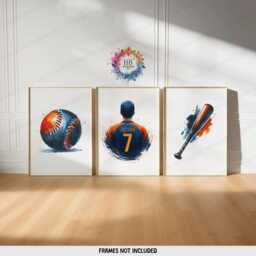 Personalized Baseball Wall Art - Set Of 3 Prints - Custom Boys Bedroom Decor Kids Posters Navy & Orange - thumbnail 1