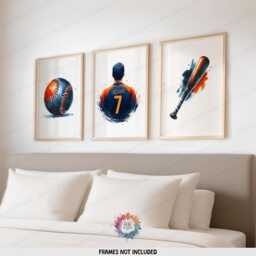 Personalized Baseball Wall Art - Set Of 3 Prints - Custom Boys Bedroom Decor Kids Posters Navy & Orange - thumbnail 2