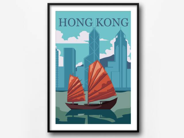 Hong Kong Retro Travel Poster City Skyline Art Print - image 1
