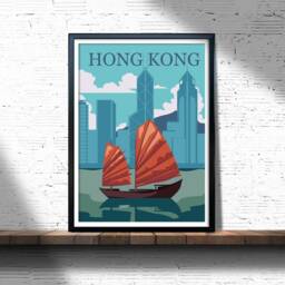 Hong Kong Retro Travel Poster City Skyline Art Print - thumbnail 3