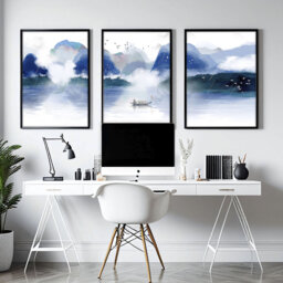 Calming Japanese Office Desk Decor For Men Set Of 3 Framed Panel Wall Art, Teal & Blue Large Japandi Designer Landscape Gallery Art