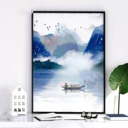 Calming Japanese Office Desk Decor For Men Set Of 3 Framed Panel Wall Art, Teal & Blue Large Japandi Designer Landscape Gallery Art - thumbnail 3