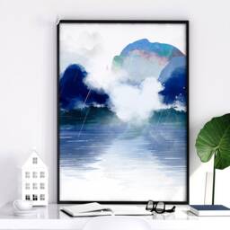 Calming Japanese Office Desk Decor For Men Set Of 3 Framed Panel Wall Art, Teal & Blue Large Japandi Designer Landscape Gallery Art - thumbnail 2