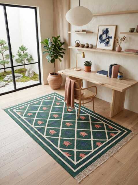Boho Tribal Cotton Rug - Forest Green Geometric Dhurrie For Living Room Decor & Curated Interiors in Custom Options - image 1