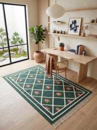 Boho Tribal Cotton Rug - Forest Green Geometric Dhurrie For Living Room Decor & Curated Interiors in Custom Options - thumbnail 1