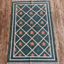 Boho Tribal Cotton Rug - Forest Green Geometric Dhurrie For Living Room Decor & Curated Interiors in Custom Options - thumbnail 2