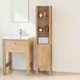 Bathroom Cabinet With Shelf Freestanding Pine Wood Storage Door - thumbnail 3
