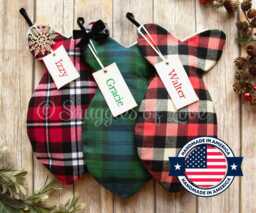 Personalized Plaid Cat Stocking Handmade Fish-Shaped Christmas Stocking - thumbnail 1