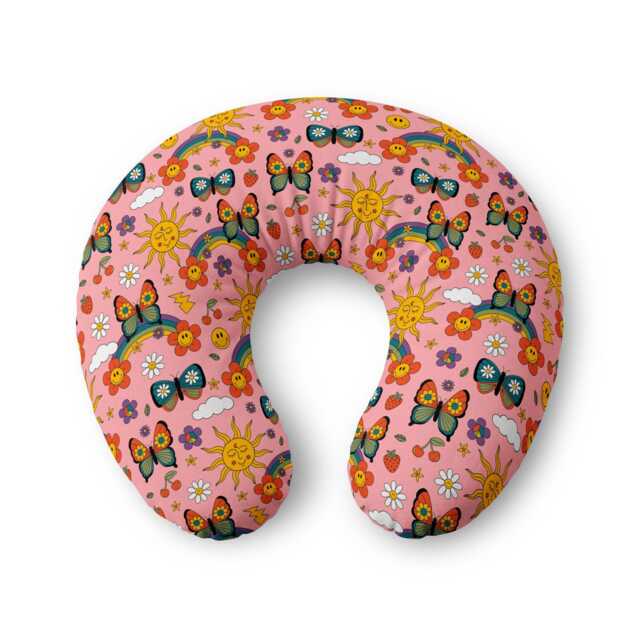 Retro Butterfly Rainbow Nursing Pillow Cover - Pink Floral Sun Pattern - image 1