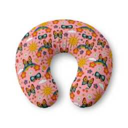 Retro Butterfly Rainbow Nursing Pillow Cover - Pink Floral Sun Pattern - thumbnail 1