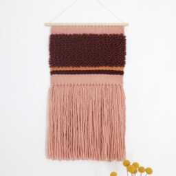 Boho Woven Wall Hanging - Burgundy, Pink & Gold Fiber Art Tapestry, Luxe Bohemian Decor, Handwoven Maroon Yarn Art, Romantic Warm Tones - thumbnail 2