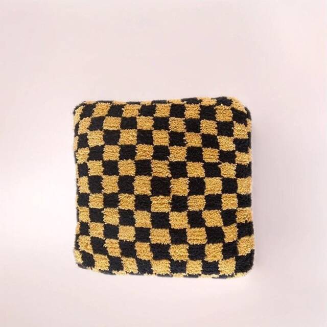 Black & Mustard Checkered Wool Pouf Bohemian Floor Cushion - Unstuffed - image 1