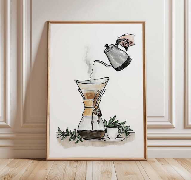 Pour Over Coffee Wall Art Print, Minimalist Maker Poster, Barista Kitchen Decor, Modern Cafe Illustration Artwork - image 1
