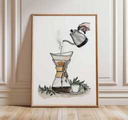 Pour Over Coffee Wall Art Print, Minimalist Maker Poster, Barista Kitchen Decor, Modern Cafe Illustration Artwork - thumbnail 1